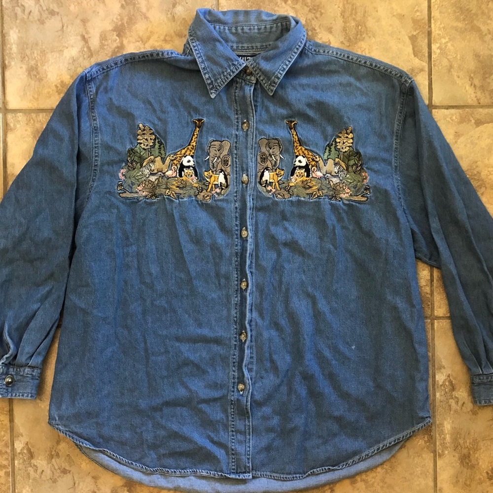 Vintage Quizz Jean Shirt w/ Embroidered Zoo Sz XL